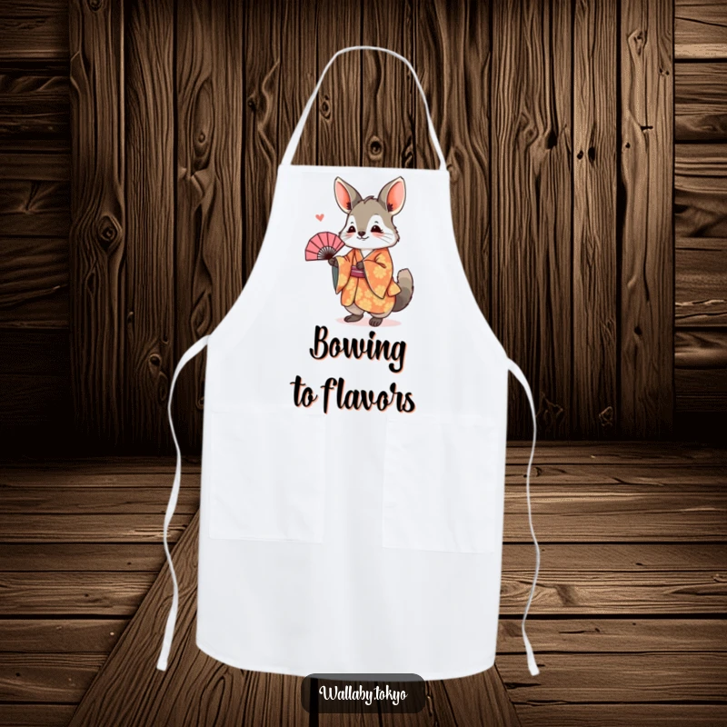 Funny Apron depicting a wallaby in a patterned kimono, joyfully bowing with a fan, a humorous and practical kitchen accessory.