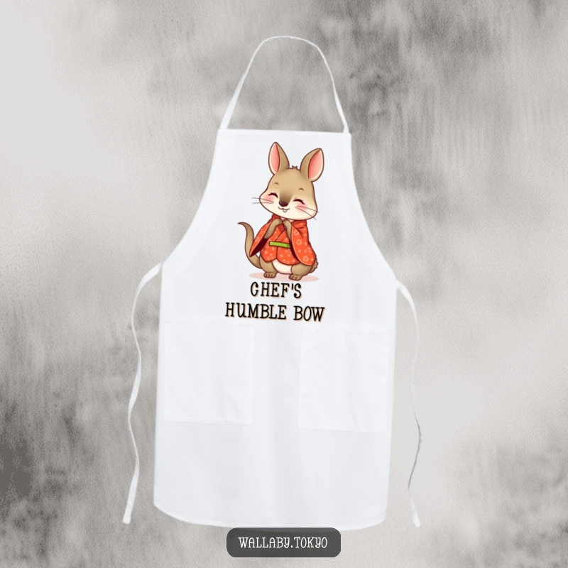 Funny wallaby apron, wearing a patterned red kimono, playfully bowing with a happy, polite expression.