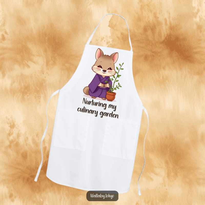 Funny Wallaby Zen Apron: A wallaby in a purple kimono gently tends bamboo, adding humorous zen to your cooking attire. Great funny gift.