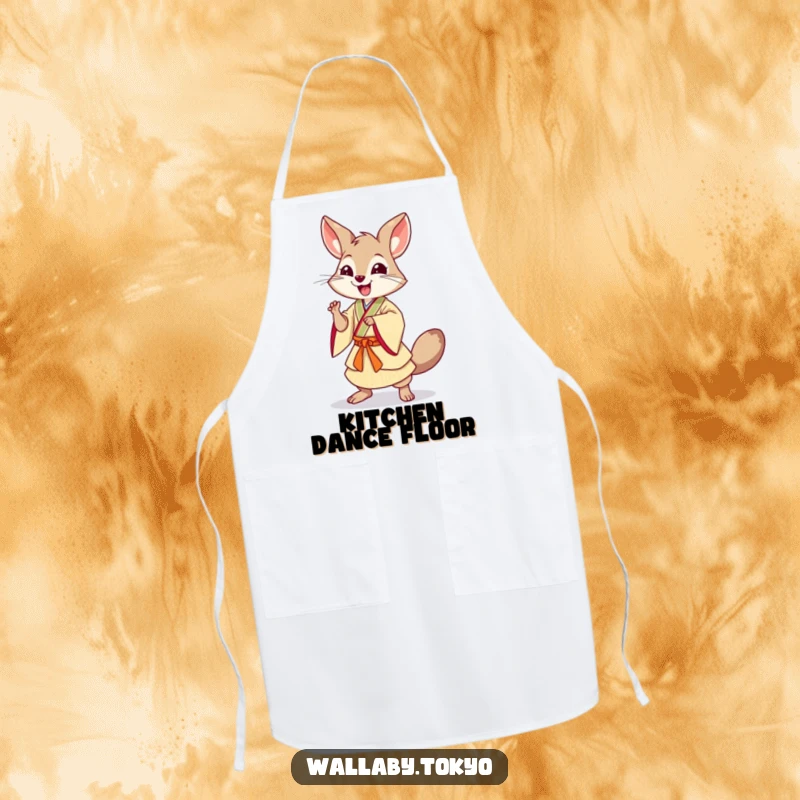 Funny Dancing Wallaby Apron: A wallaby in traditional Japanese dress performing a dynamic dance, ready for funny kitchen adventures.