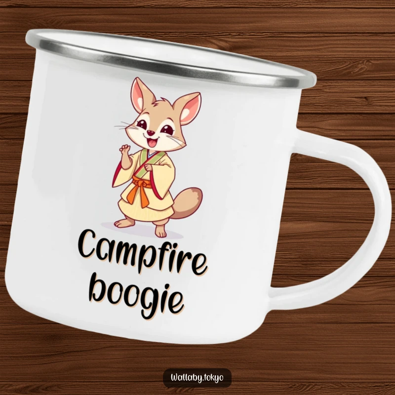 Funny Dancing Wallaby Camping Mug: A durable mug with a wallaby in Japanese dress in a dynamic dance pose, perfect for funny outdoor fun.