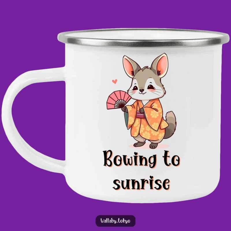 Funny Wallaby Kimono Camping Mug: Bowing Fan Enamel Cup, Humorous Outdoor Gift