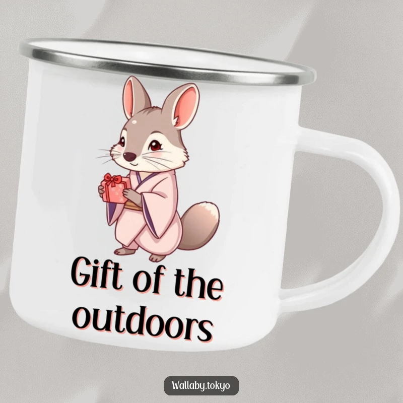 Funny camping mug with an elegant wallaby in a kimono offering a small, beautifully wrapped gift, perfect for refined outdoor sipping.