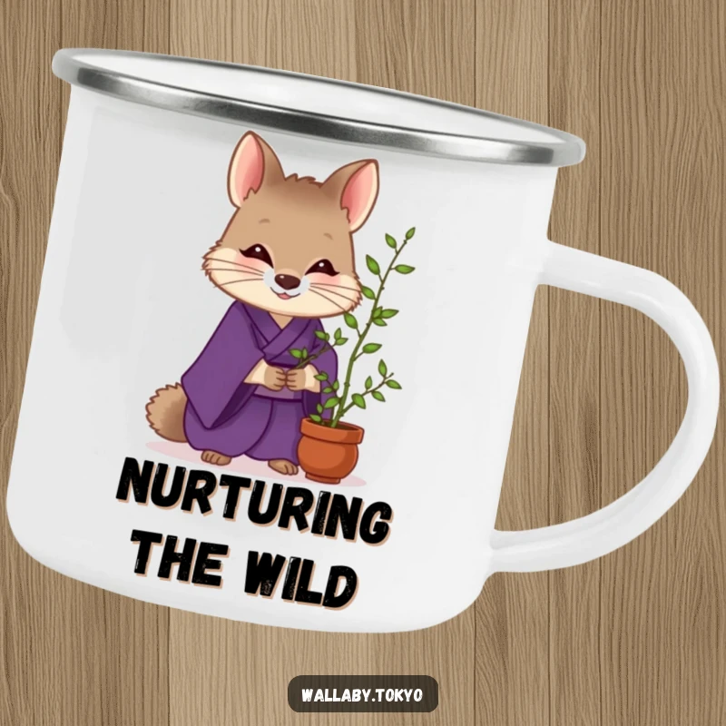 Funny Wallaby Zen Camping Mug: A wallaby in a purple kimono gently tends bamboo, bringing humorous zen to outdoor activities. Great funny gift.