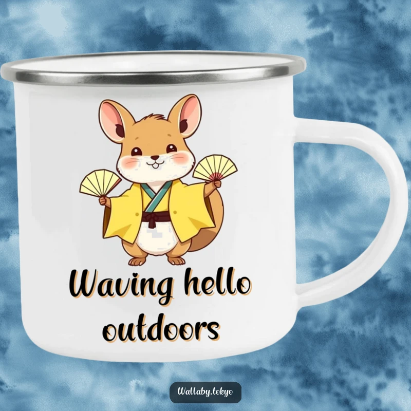 Funny wallaby in a yellow kimono waving a tiny paper fan on a durable camping mug, cheerful and humorous.