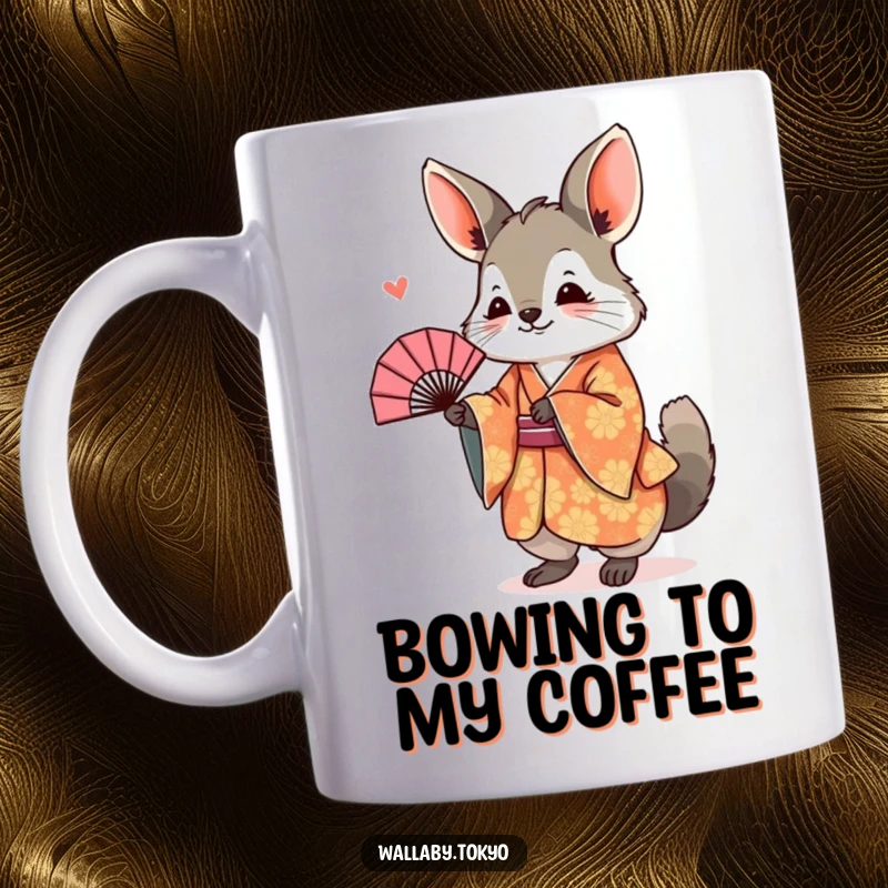 Funny Mug featuring a wallaby in a vibrant kimono, joyfully bowing with a fan, a humorous and culturally inspired scene.