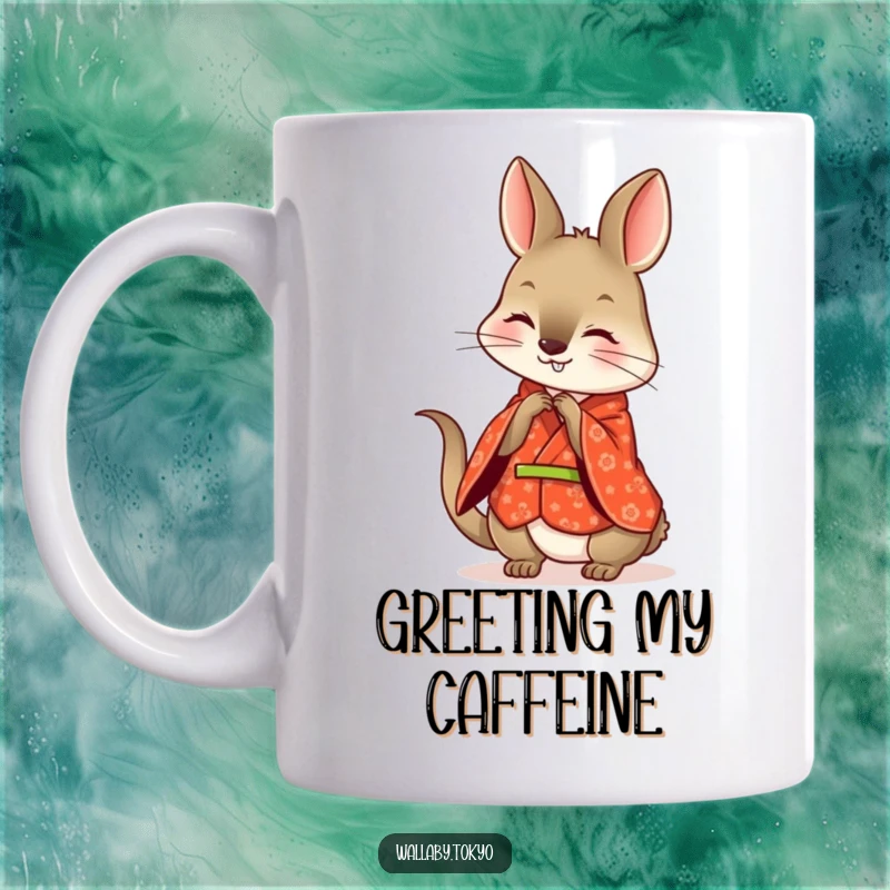 Funny wallaby mug, wearing a patterned red kimono, playfully bowing with a genuinely happy and polite expression.