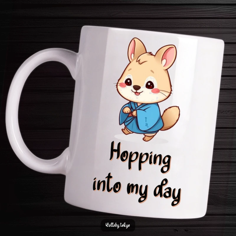Funny cute round wallaby mug, wearing a vibrant blue kimono, cheerfully hopping forward with a happy expression.