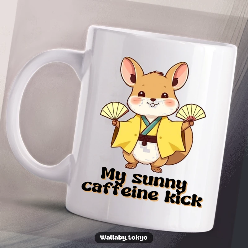 Funny wallaby in a sunny yellow kimono excitedly waving a tiny paper fan, cheerful and energetic, perfect funny mug.