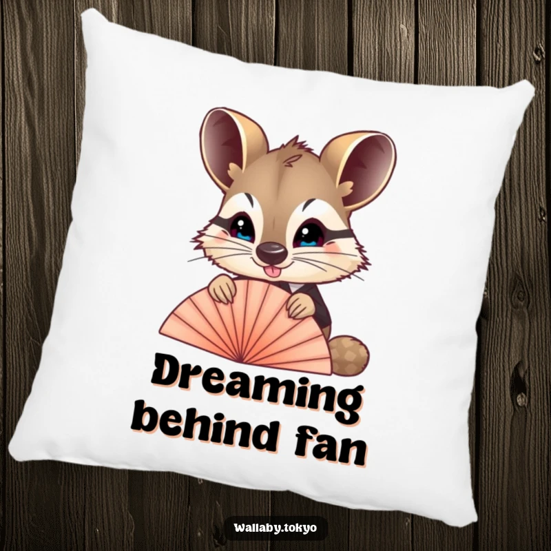 Funny Wallaby Fan Pillow: A soft pillow with a wallaby in formal attire peeking over a fan, ideal for funny, cozy decor.