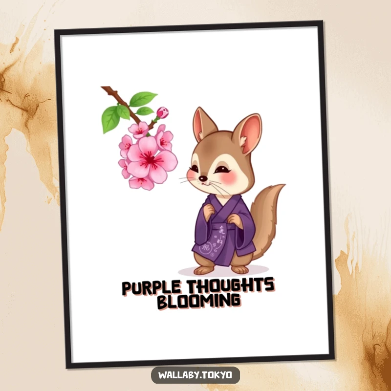 Funny wallaby wearing a deep purple kimono, curiously examining a blooming cherry blossom, high-resolution digital art print.