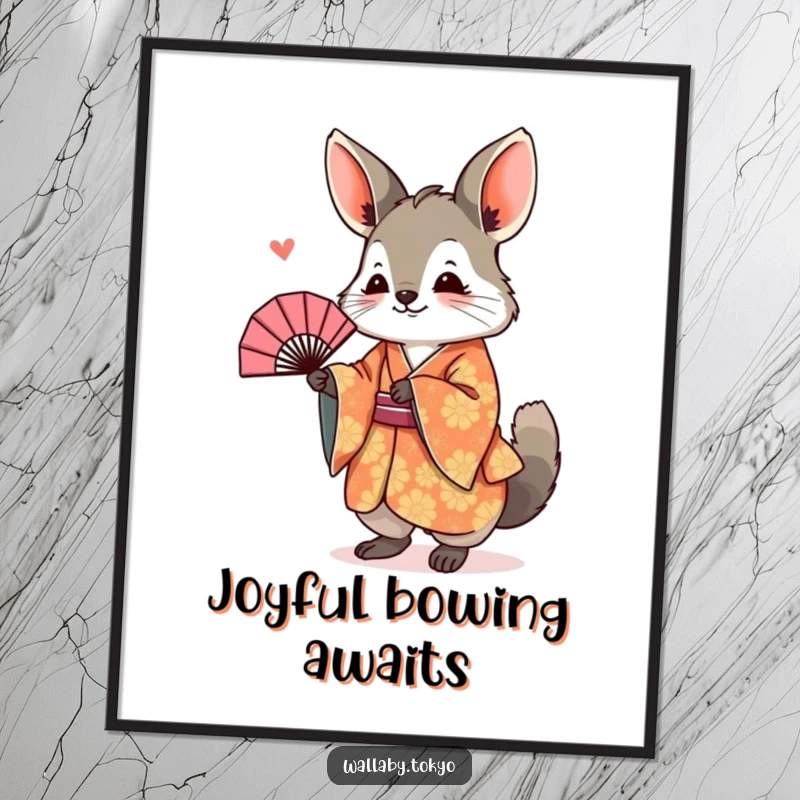 Funny Digital Art Print of a wallaby in a kimono, joyfully bowing with a fan, a humorous and high-quality artwork.