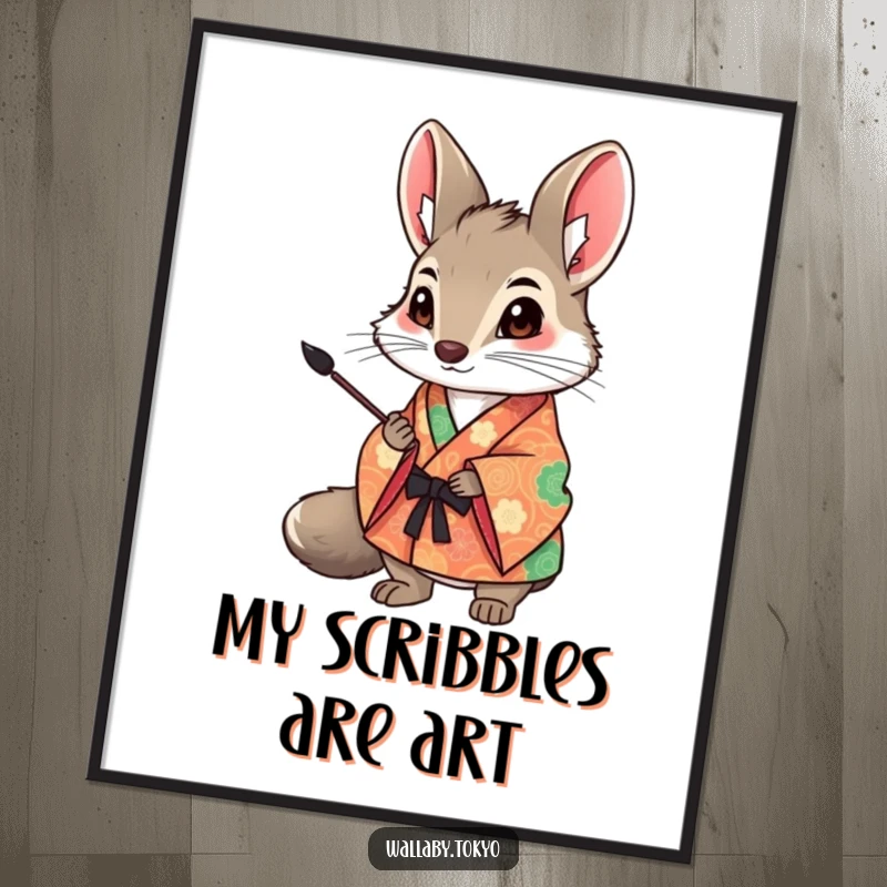 Funny Wallaby Art Digital Print: A wallaby in a colorful kimono holds an ink brush, offering humorous and artistic decoration. Perfect funny gift.