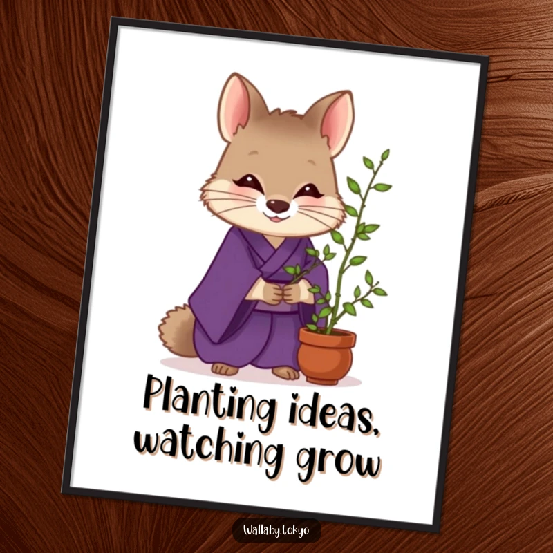 Funny Wallaby Zen Digital Art Print: A wallaby in a purple kimono tends bamboo, offering humorous zen and peaceful decor. Perfect funny gift.