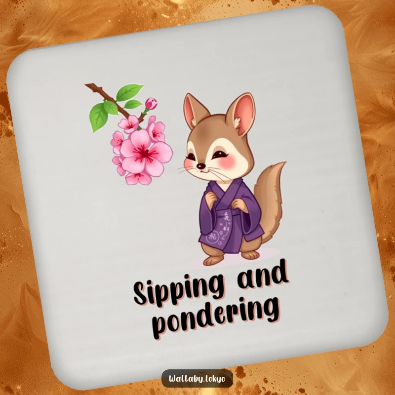 Funny wallaby in a deep purple kimono examining a cherry blossom, decorative drink coaster, contemplative and humorous.