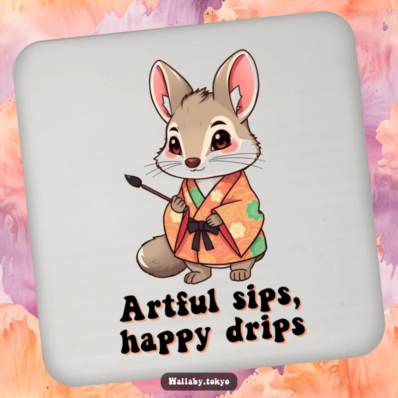 Funny Wallaby Art Coaster: Wallaby in a colorful kimono holds an ink brush, a humorous and artistic addition to your drinkware. Ideal funny gift.