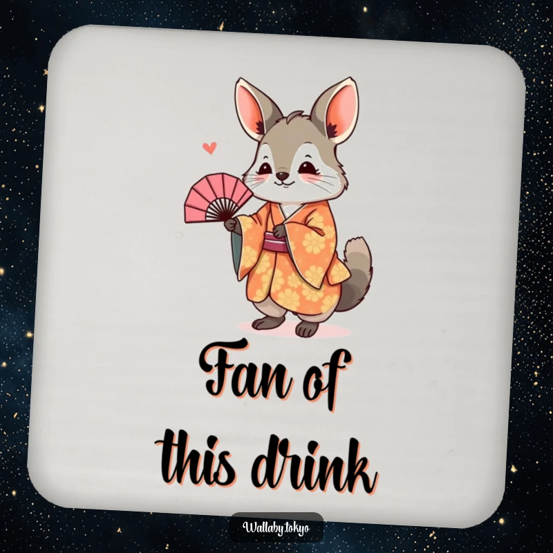 Funny Coaster Set with a wallaby in a kimono, joyfully bowing with a fan, a humorous and protective accessory.