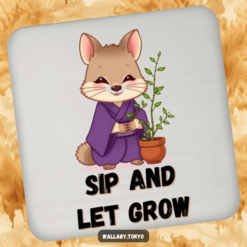 Funny Wallaby Zen Coaster: Wallaby in a purple kimono tending bamboo, a humorous and peaceful addition to your drinkware. Ideal funny gift.