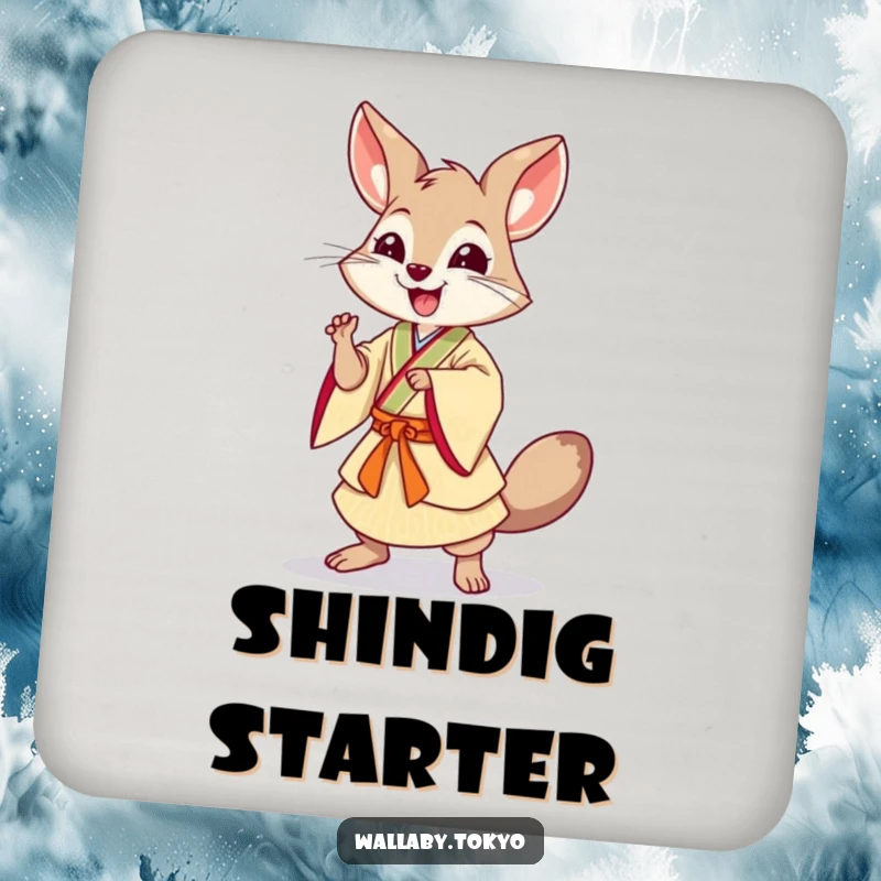 Funny Dancing Wallaby Coasters: Coasters showing a wallaby in Japanese dress in a dynamic dance pose, offering funny table protection.