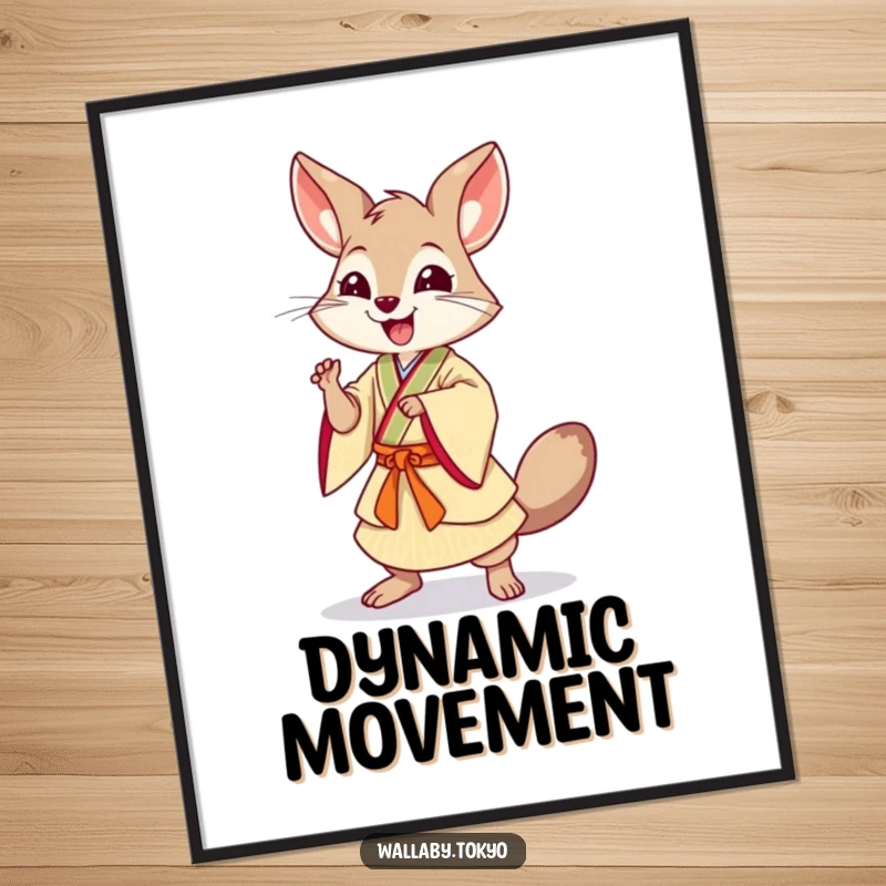 Funny Dancing Wallaby Poster: Artwork of a wallaby in Japanese dress performing a dynamic dance, creating a funny and energetic wall decoration.