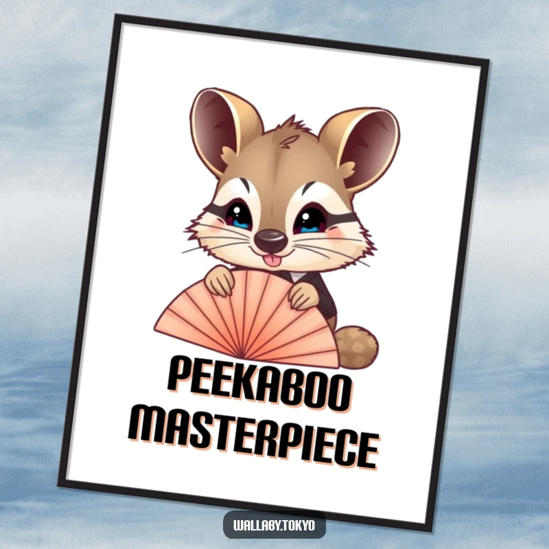 Funny Wallaby Fan Poster: Artwork of a wallaby in formal wear peeking over a fan, creating a humorous and elegant wall decoration.