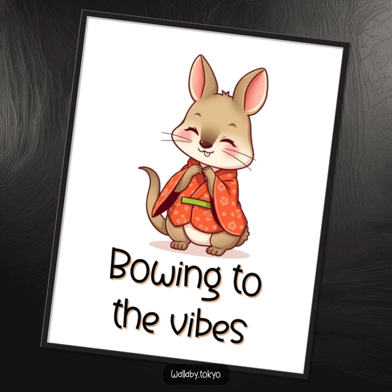 Funny wallaby poster, wearing a patterned red kimono, playfully bowing with a happy and welcoming smile.