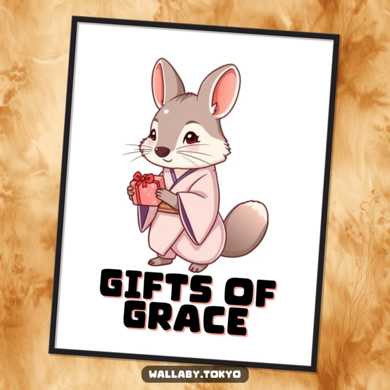 Funny poster of an elegant wallaby dressed in a kimono, politely offering a small, beautifully wrapped gift, adding refined charm to decor.