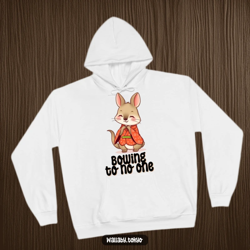Funny red kimono wallaby hoodie, patterned and elegant, playfully bowing with a happy, welcoming expression.