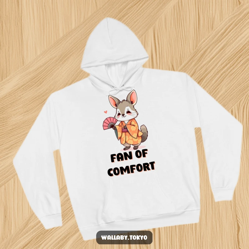 Funny Hoodie featuring a wallaby in a vibrant kimono, joyfully bowing with a fan, a cozy and humorous cultural sweatshirt.