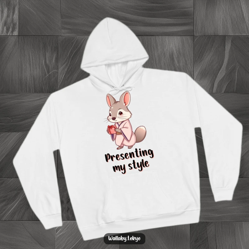 Funny hoodie featuring an elegant wallaby wearing a kimono, offering a small, beautifully wrapped gift, perfect for cozying up in style.