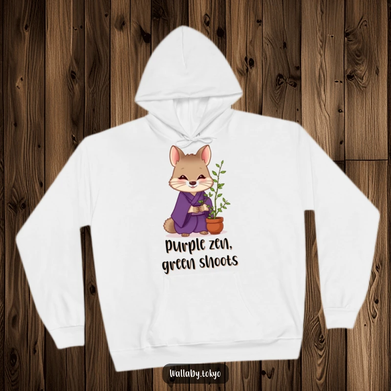 Funny Wallaby Zen Hoodie: A wallaby in a deep purple kimono gently cares for a tiny bamboo plant, offering cozy and humorous zen. Great funny gift.