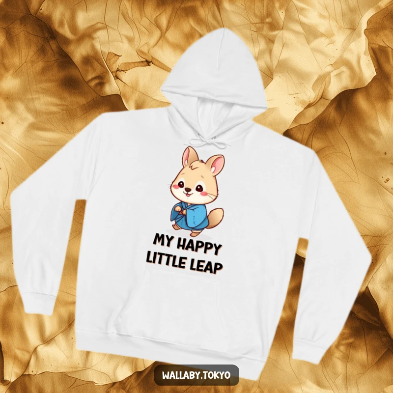 Funny blue kimono wallaby hoodie, round and cute, cheerfully hopping with a big smile.