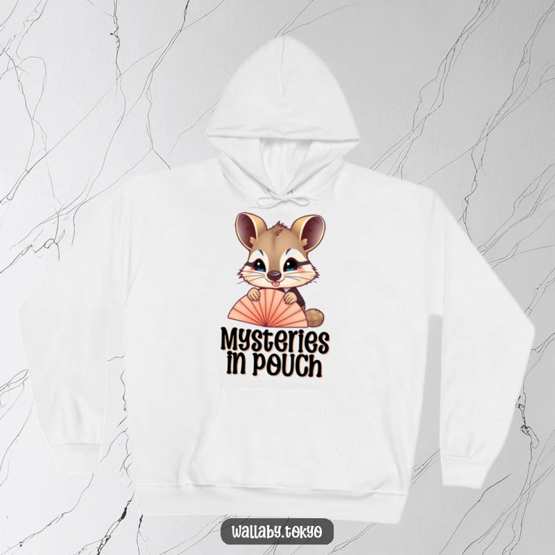 Funny Wallaby Fan Hoodie: A wallaby in formal attire hiding behind a fan, offering a humorous and cozy design for cooler days.