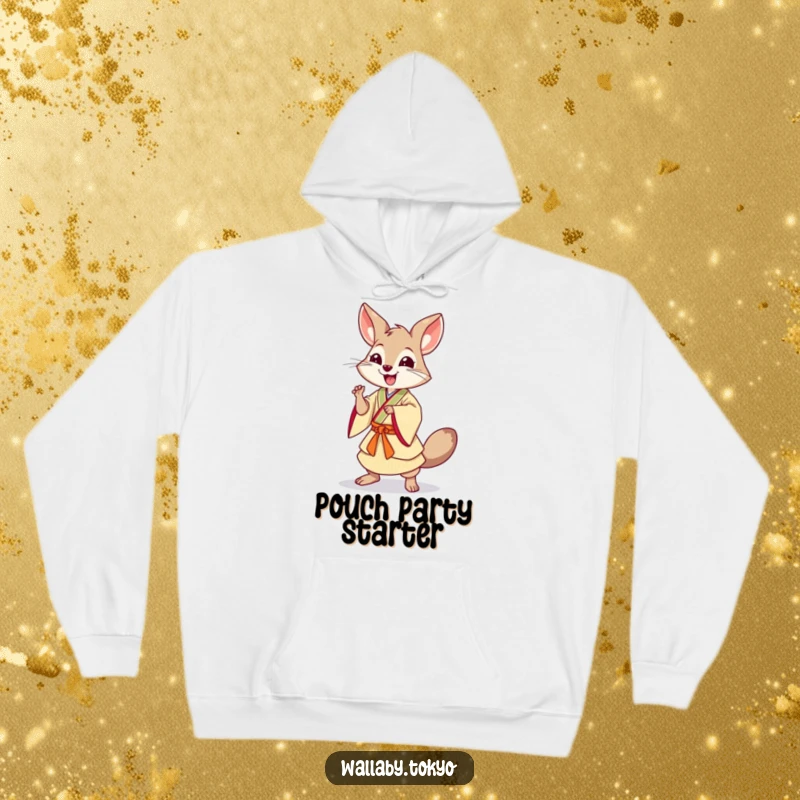Funny Dancing Wallaby Hoodie: A wallaby in traditional Japanese dress in a dynamic dancing pose, offering funny warmth and energetic vibes.