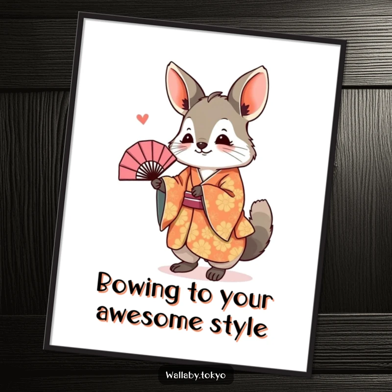 Free Printable Wall Art of a wallaby in a vibrant, patterned kimono joyfully bowing with a fan.