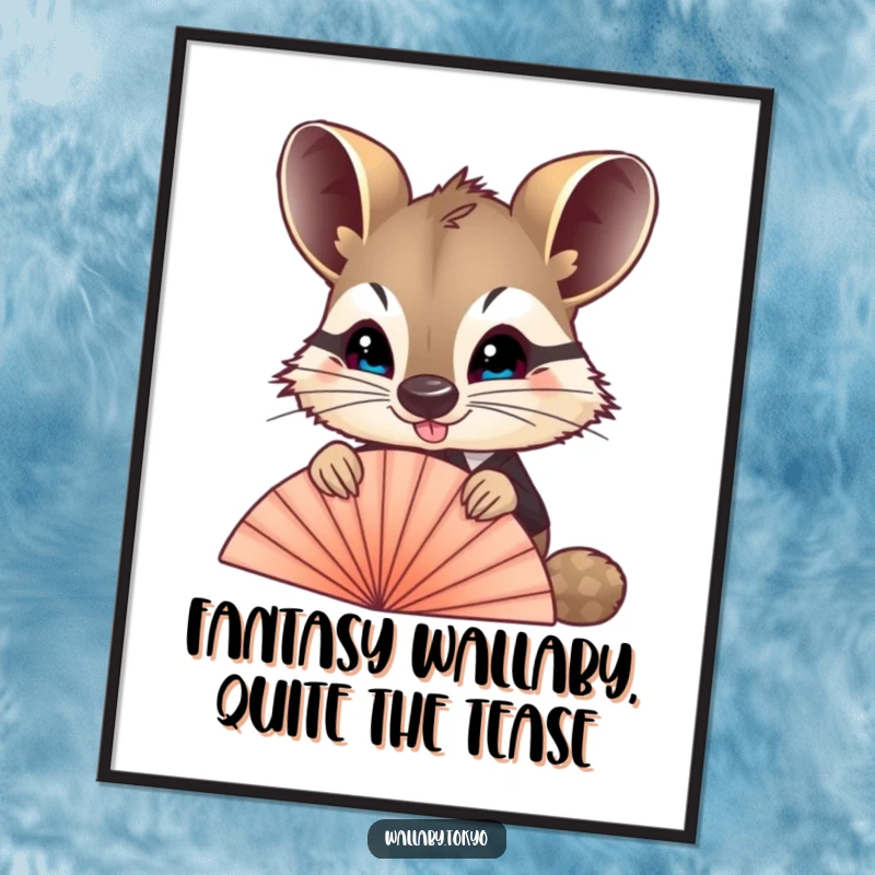 Funny Free Printable Wall Art: A wallaby in formal attire playfully peeks over a silken fan, adding a touch of mystery.
