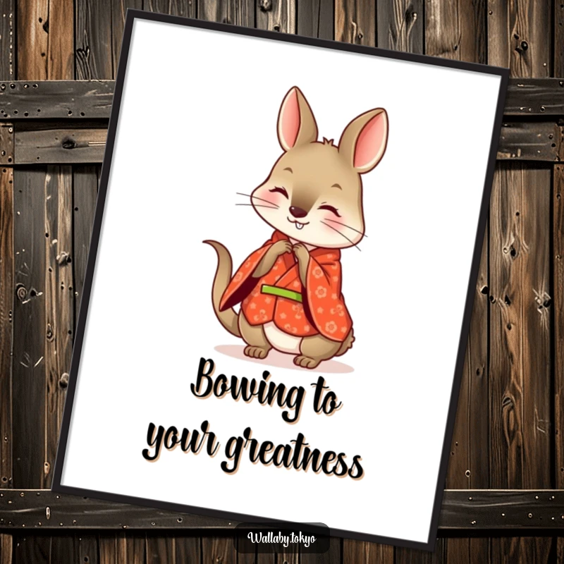 Funny Free Printable Wall Art: A wallaby wearing a patterned red kimono, playfully bowing with a happy expression.