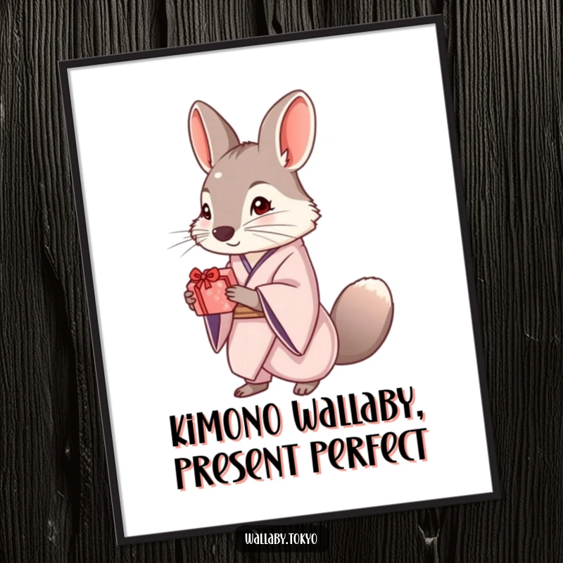 Funny Free Printable Wall Art: A wallaby in a simple, elegant kimono offers a small, beautifully wrapped gift, exuding grace.