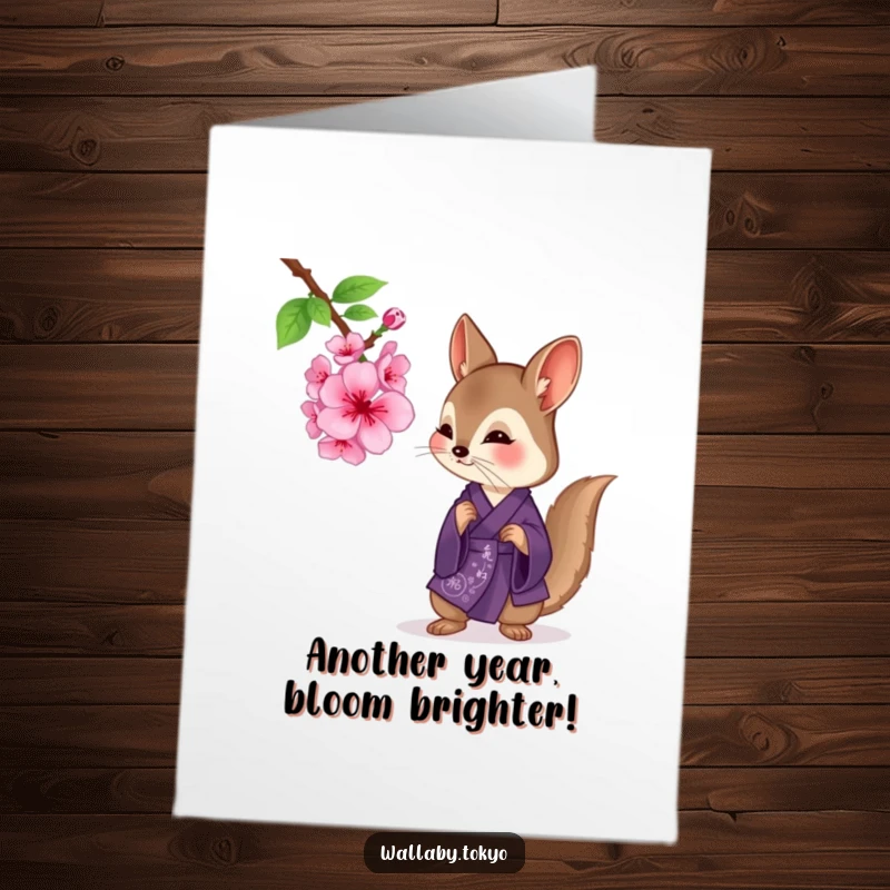 Funny Free Printable Birthday Card: Wallaby in purple kimono observing a cherry blossom, thoughtful and humorous.