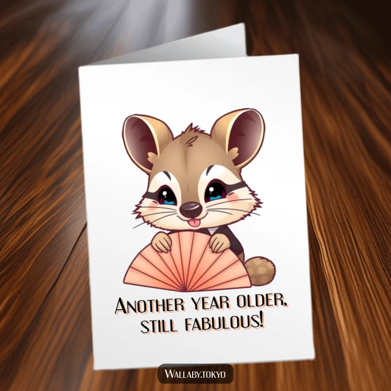Funny Free Printable Birthday Card: A wallaby in formal wear playfully peeks over a silken fan, wishing Happy Birthday.