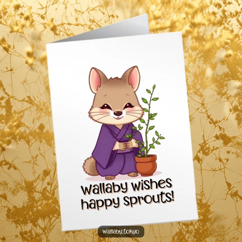 Funny Free Printable Birthday Card: Wallaby in purple kimono tending bamboo, wishing a zen and happy birthday.