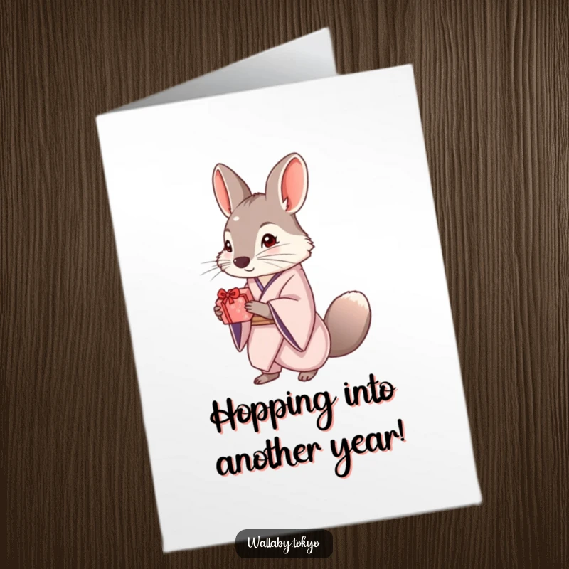 Funny Free Printable Birthday Card: Elegant wallaby in a kimono offers a small, beautifully wrapped gift, ready to celebrate.