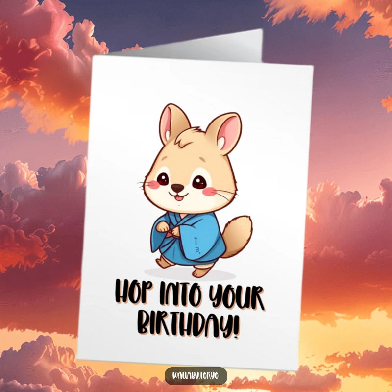 Funny Free Printable Birthday Card: Cute, round wallaby in a vibrant blue kimono, cheerfully doing a small hop forward.