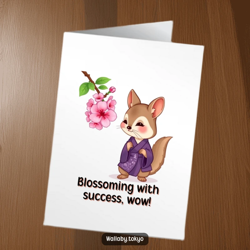 Funny Free Printable Congratulations Card: Wallaby in purple kimono examining a cherry blossom, celebrating growth with humor.