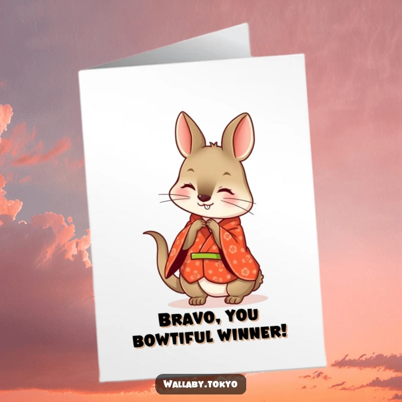 Funny Free Printable Congratulations Card: A wallaby wearing a patterned red kimono, playfully bowing with a happy expression.