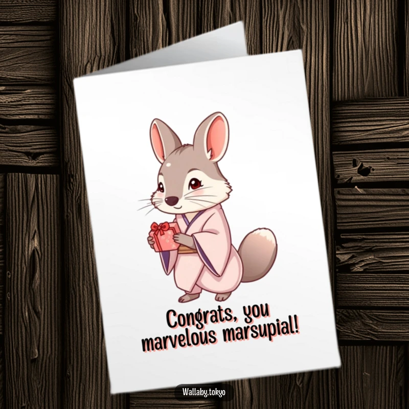 Funny Free Printable Congratulations Card: Wallaby in an elegant kimono presents a small, beautifully wrapped gift, celebrating achievement.