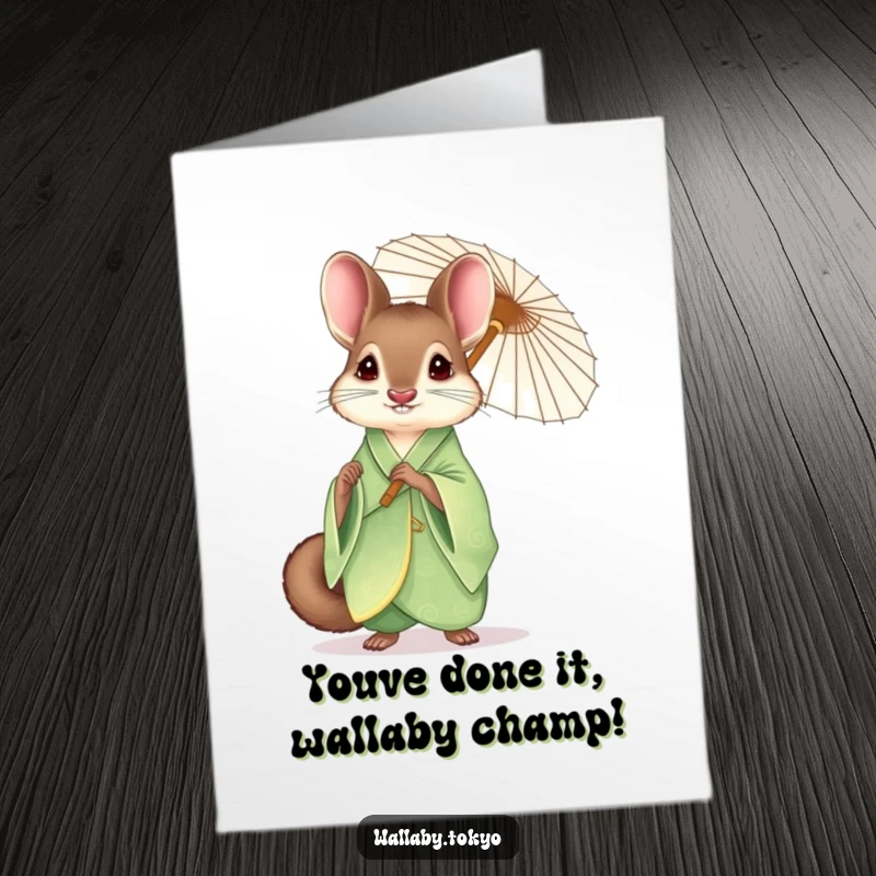 Funny Free Printable Congratulations Card: Wallaby in green kimono holding an umbrella, celebrating success with humor.