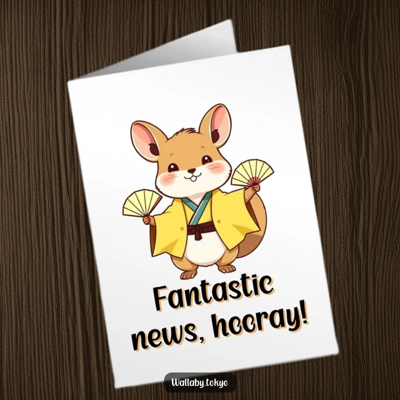 Funny Free Printable Congratulations Card: Wallaby in yellow kimono excitedly waving a fan, celebrating success with glee.