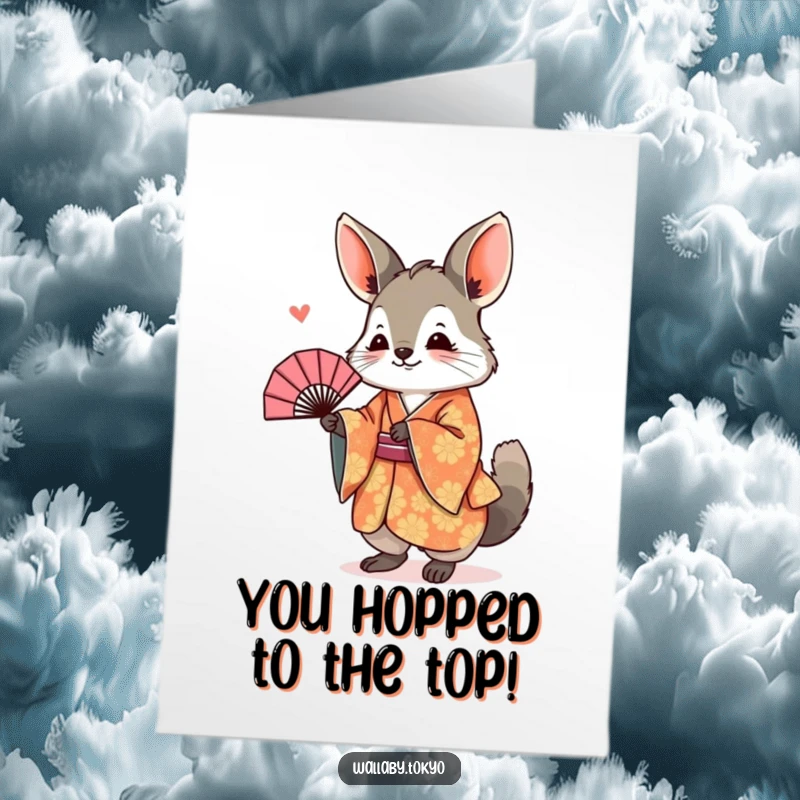 Free Printable Congratulations Card featuring a wallaby in a patterned kimono bowing with a fan.