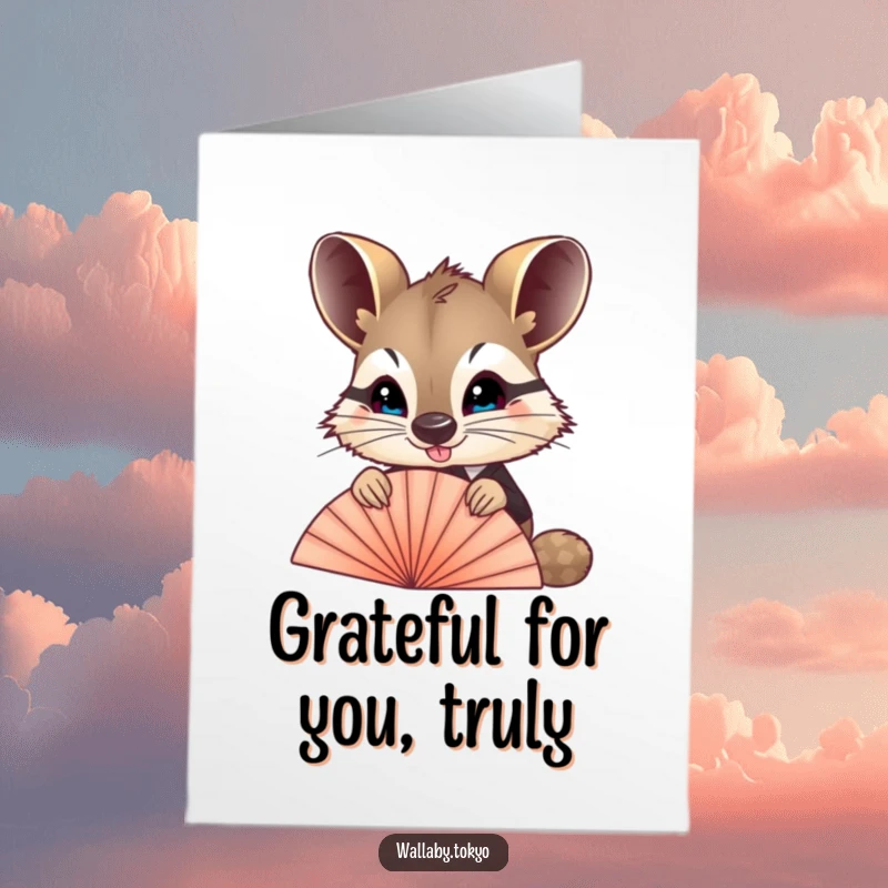 Funny Free Printable Thank You Card: A formal wallaby peeks over a silken fan, offering a playful thank you.